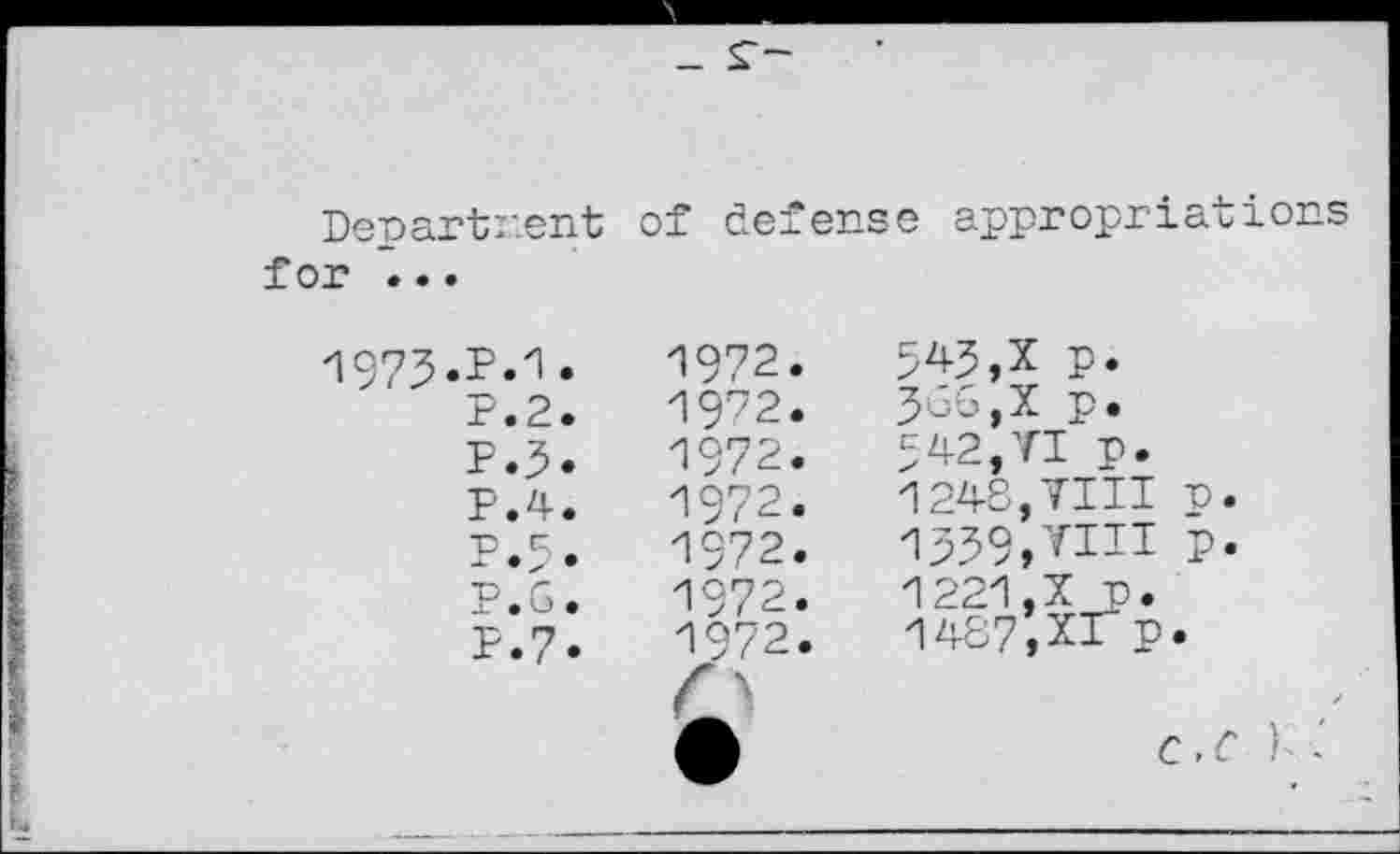 ﻿
Department for ...
of defense appropriations
1973.P.1.
P.2.
P.3.
P.4.
"DR -■ • ' •
P.G.
P.7.
1972.
1972.
1972.
1972.
1972.
1972.
1972.
543,X p.
Jub,X p.
542,71 p.
'1248,7111 n 1339,7111 p
1221,X_p.
1487,XI p.
c.c